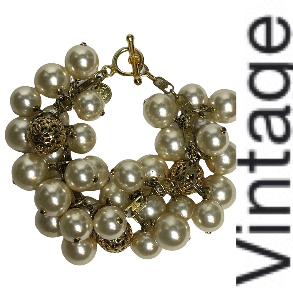 Vintage Signed Scorpios Paris Baroque Pearl and Gold Bead Chain Bracelet - Picture 2 of 15